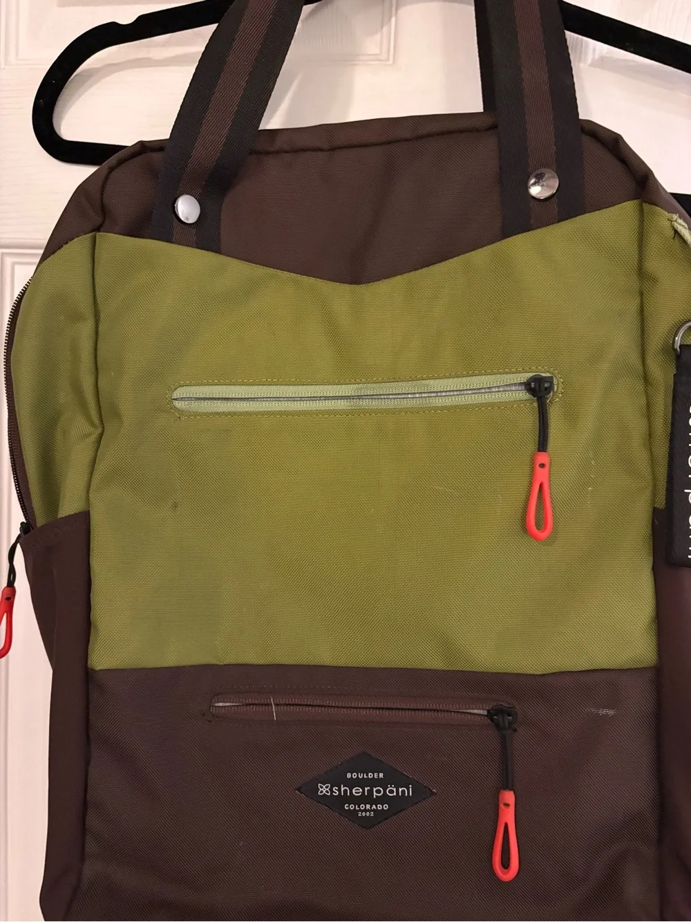 Sherpani Olive Green & Brown Women’s Backpack Tote with Orange Pulls